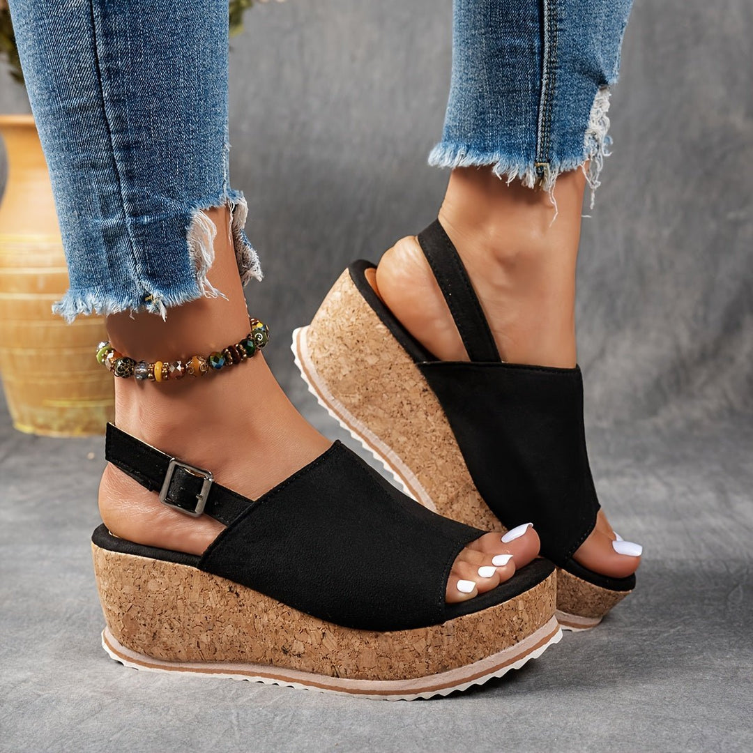 Women's Leopard Print Cork Wedge Comfortable Sandals Buckle Ankle Strap - Black