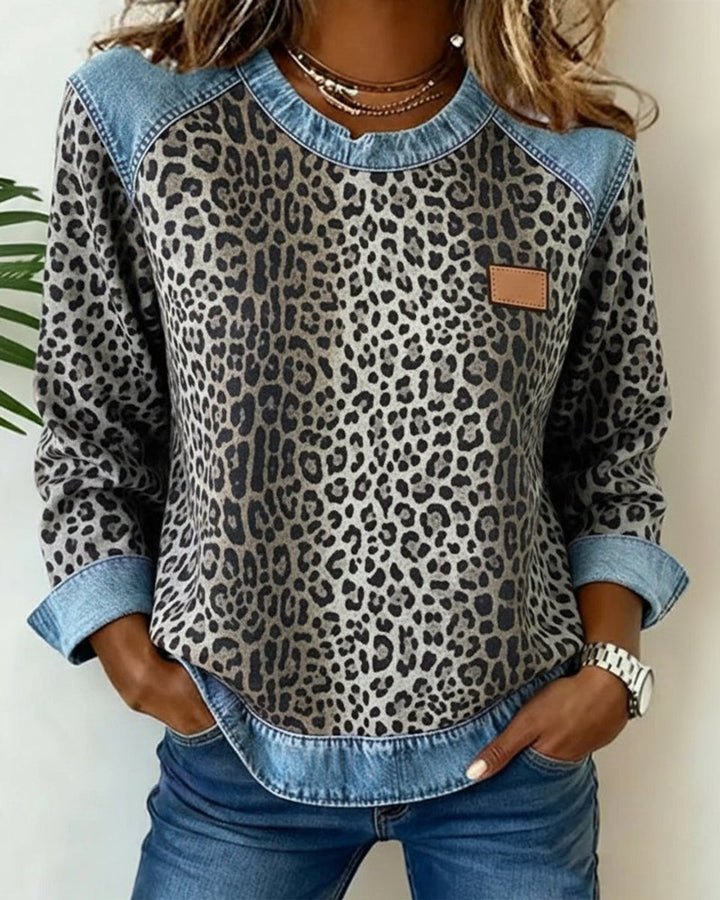 Women's Leopard Print Denim Patchwork Pullover Sweater - Gray