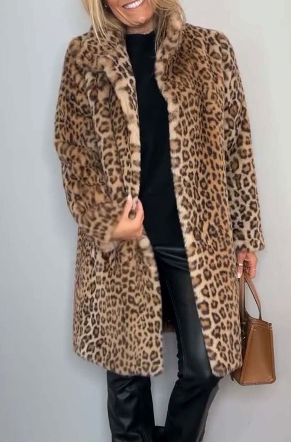 Women's Leopard Print Faux Fur Winter Coat - Khaki