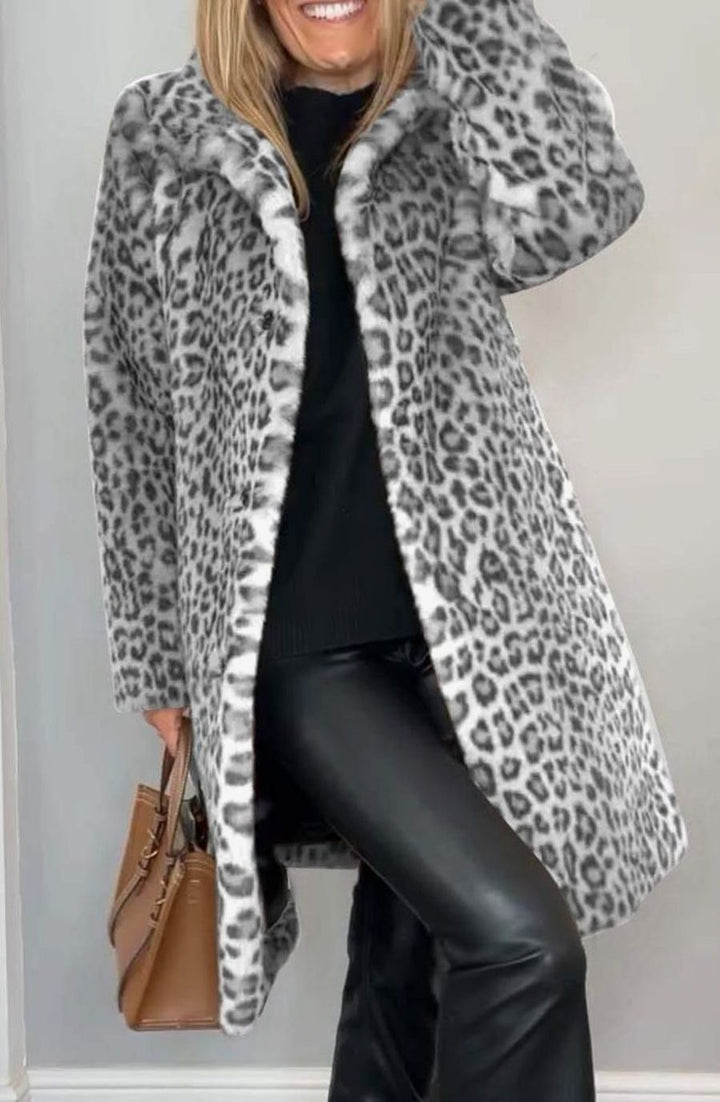 Women's Leopard Print Faux Fur Winter Coat - White