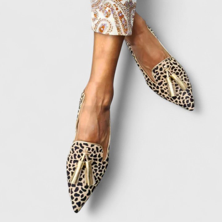 Women's Leopard Print Pointed-Toe Tassel Flat Loafers - Gold
