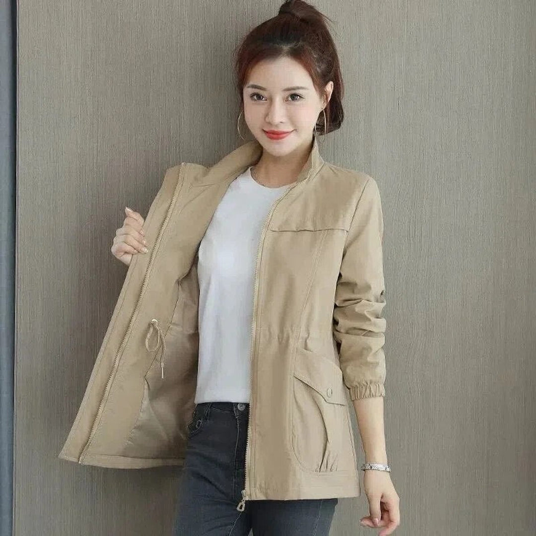 Women's Lightweight Zip-Up Drawstring Waist Bomber Jacket - Khaki