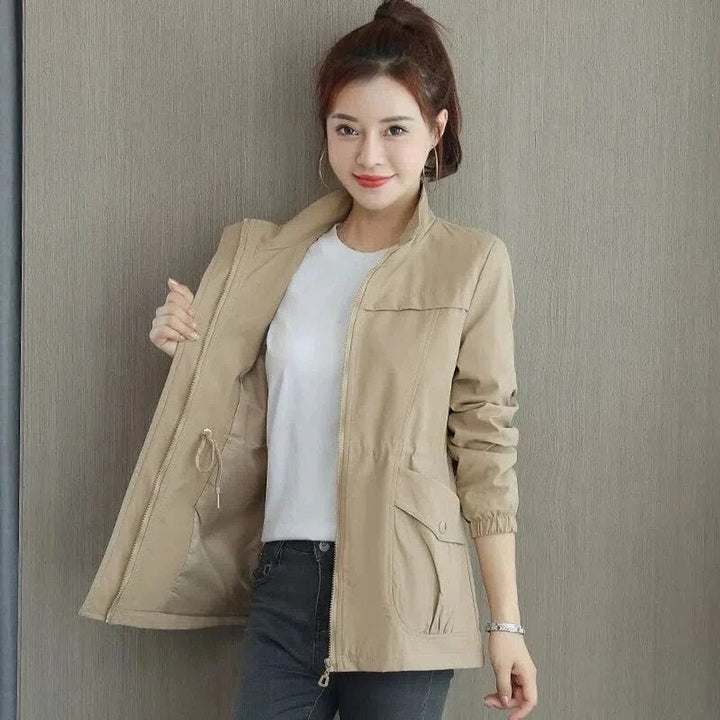 Women's Lightweight Zip-Up Drawstring Waist Bomber Jacket - Khaki