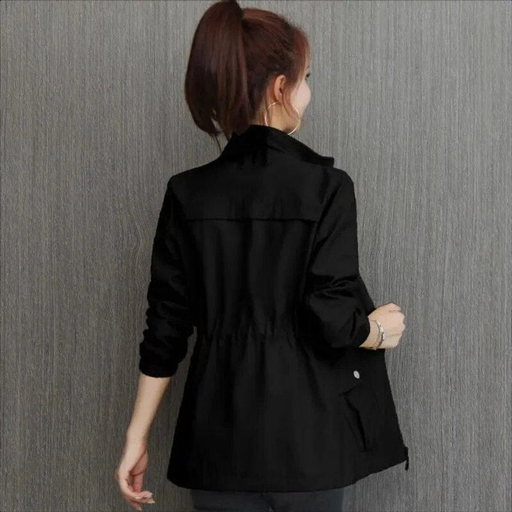Women's Lightweight Zip-Up Drawstring Waist Bomber Jacket - Black