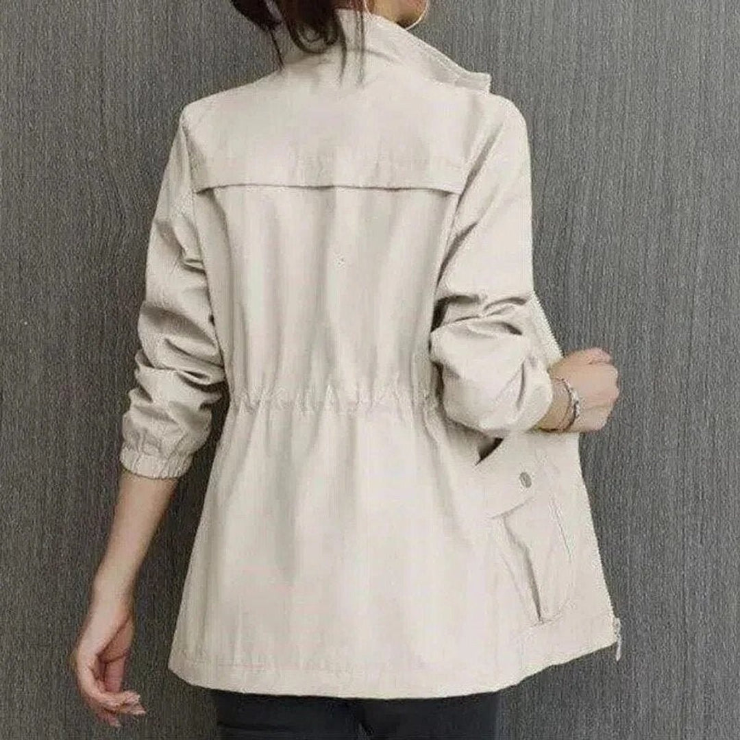 Women's Lightweight Zip-Up Drawstring Waist Bomber Jacket - Beige