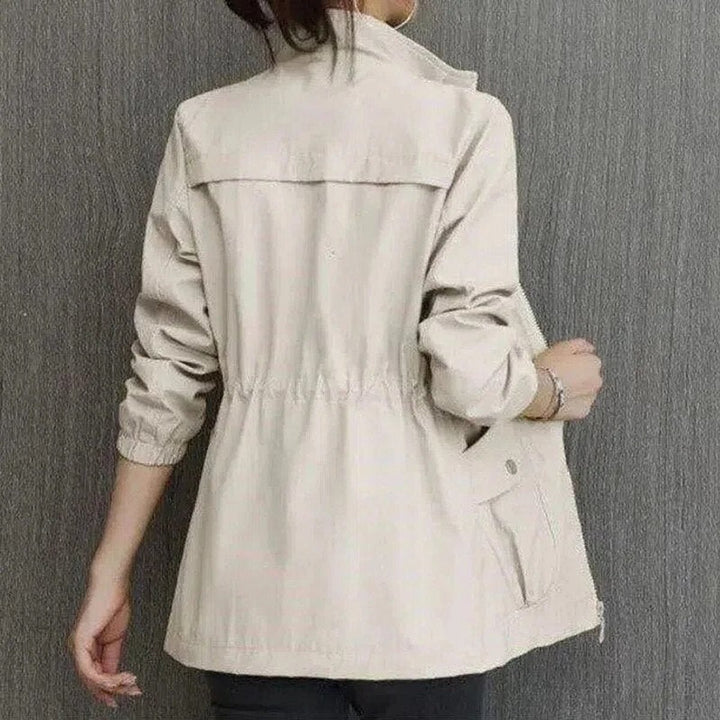 Women's Lightweight Zip-Up Drawstring Waist Bomber Jacket - Beige