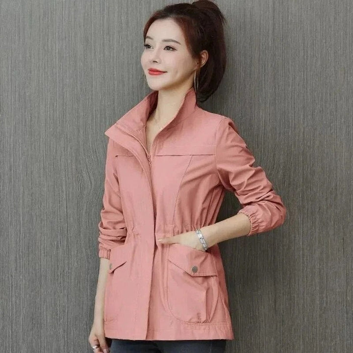 Women's Lightweight Zip-Up Drawstring Waist Bomber Jacket - Pink