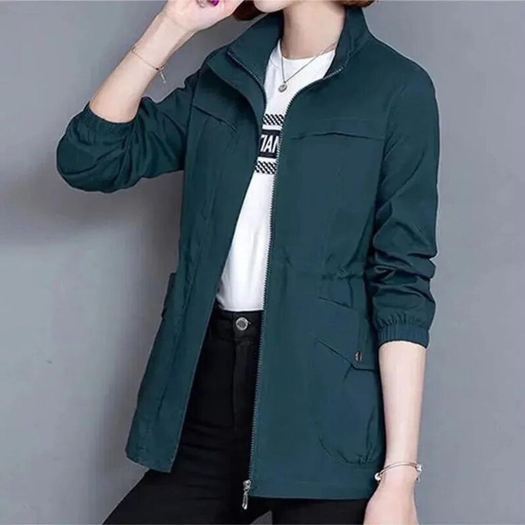 Women's Lightweight Zip-Up Drawstring Waist Bomber Jacket - Blue