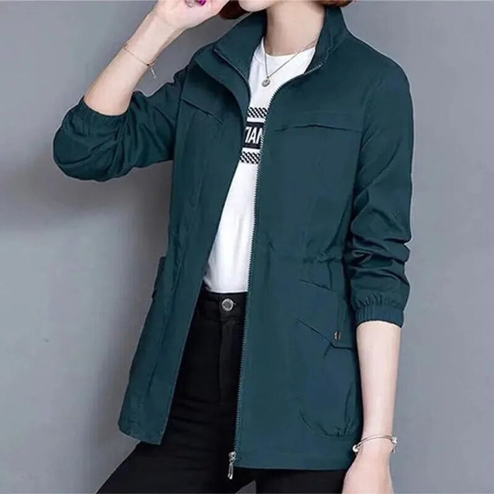 Women's Lightweight Zip-Up Drawstring Waist Bomber Jacket - Blue
