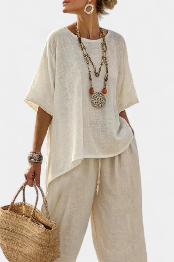 Women's Linen Asymmetric Hem Oversized Top Wide-Leg Pants Two-Piece Set