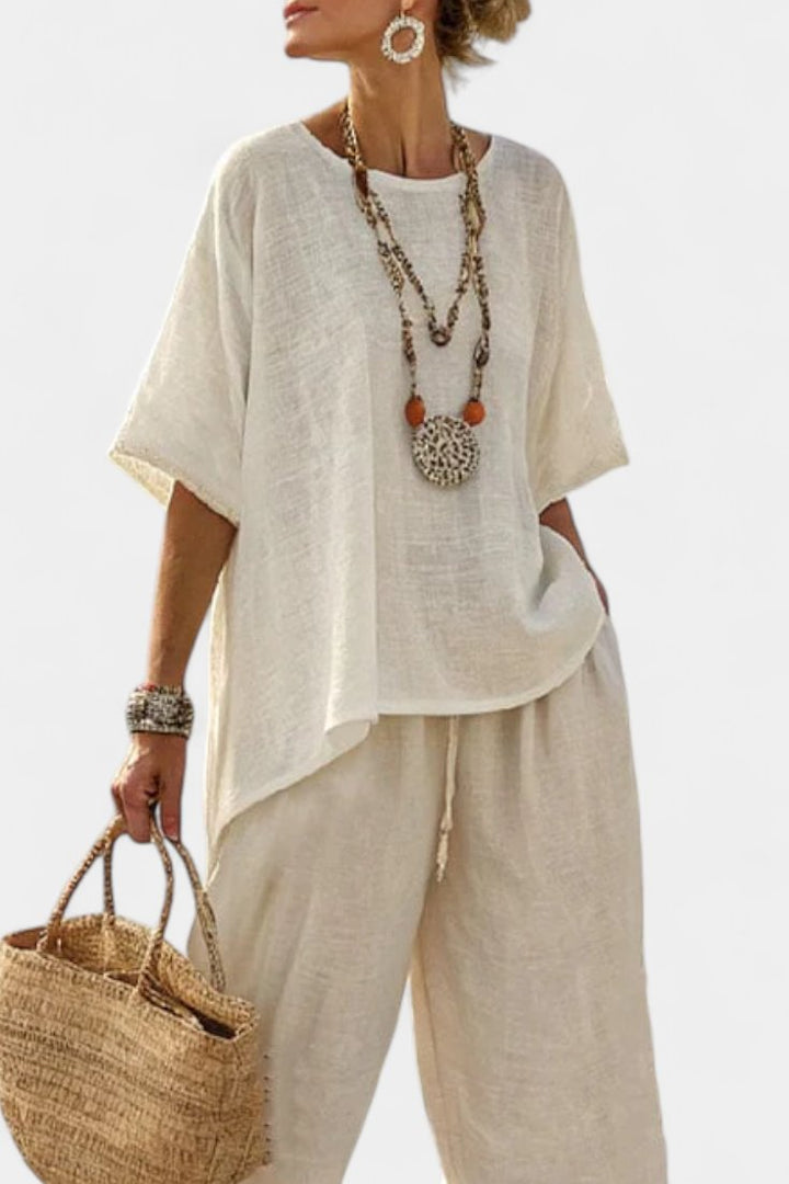 Women's Linen Asymmetric Hem Oversized Top Wide-Leg Pants Two-Piece Set