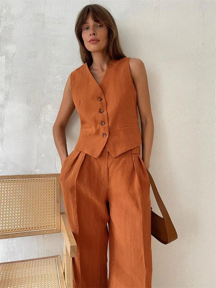 Women's Linen Blend Sleeveless Buttoned Vest Wide-Leg Pants Two-Piece Set - Orange