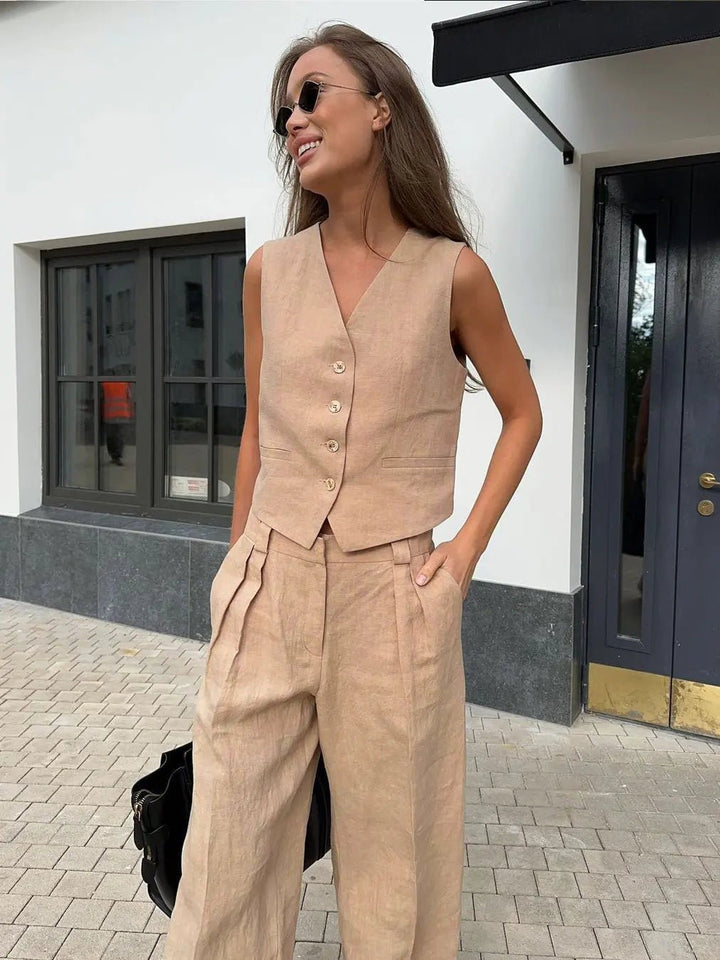 Women's Linen Blend Sleeveless Buttoned Vest Wide-Leg Pants Two-Piece Set