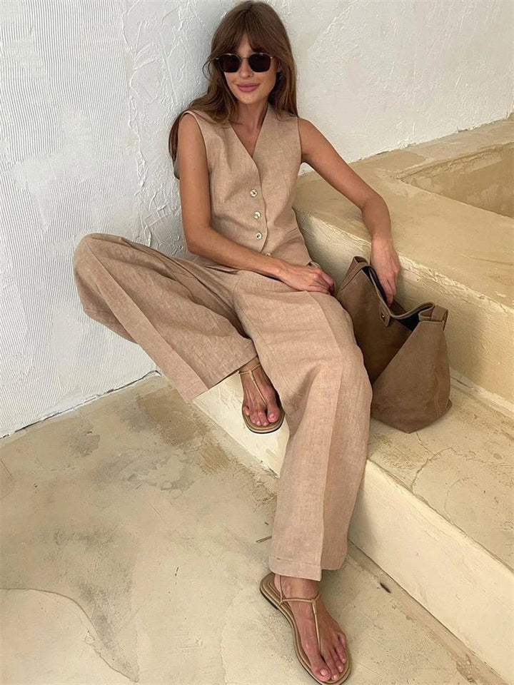 Women's Linen Blend Sleeveless Buttoned Vest Wide-Leg Pants Two-Piece Set - Beige