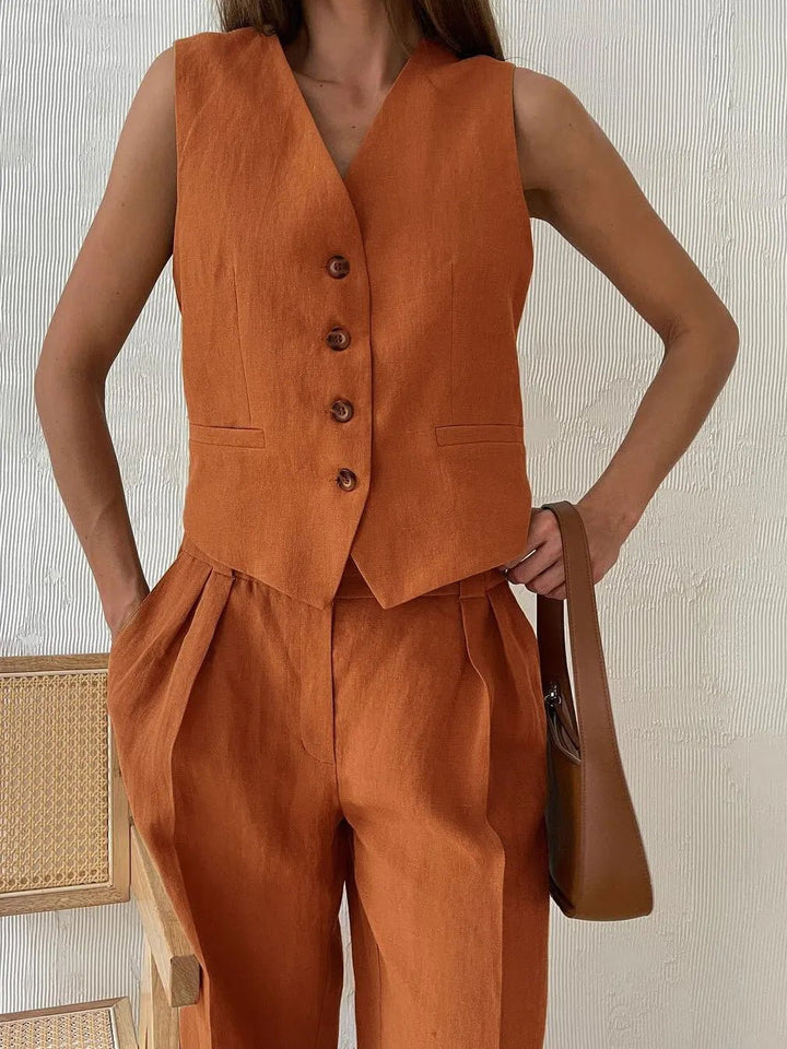Women's Linen Blend Sleeveless Buttoned Vest Wide-Leg Pants Two-Piece Set
