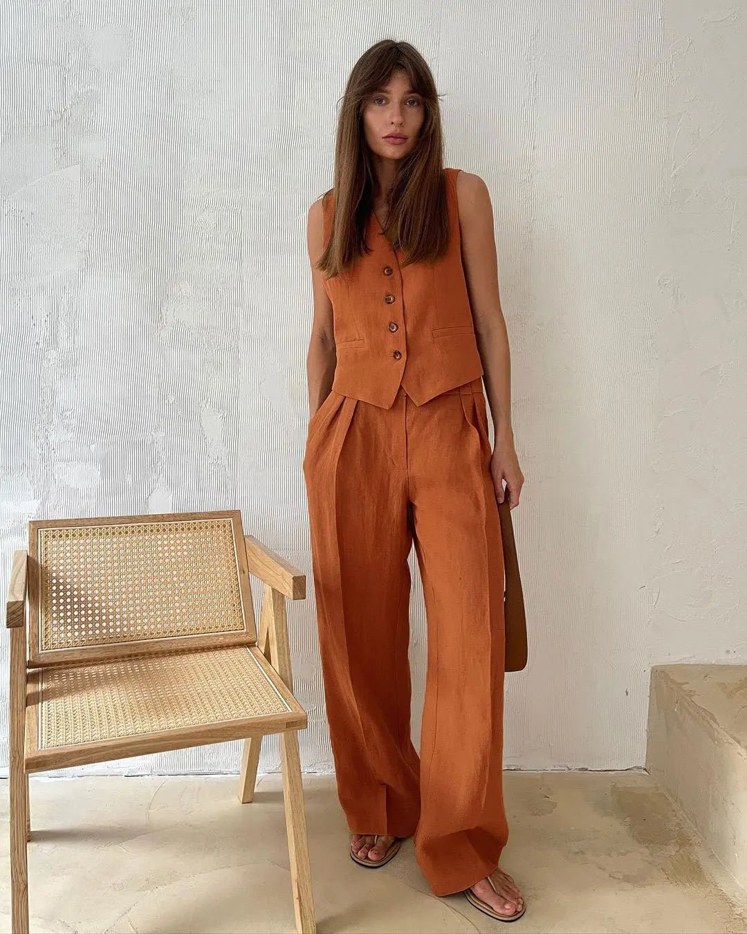 Women's Linen Blend Sleeveless Buttoned Vest Wide-Leg Pants Two-Piece Set