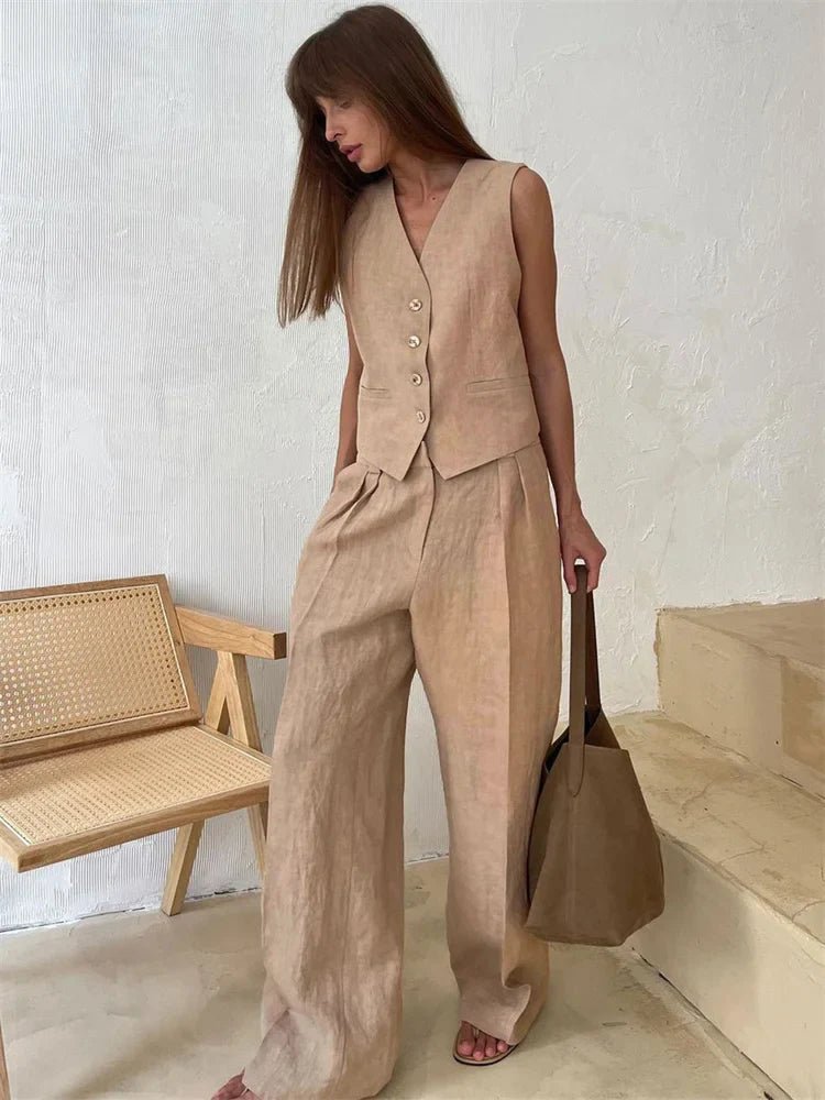 Women's Linen Blend Sleeveless Buttoned Vest Wide-Leg Pants Two-Piece Set