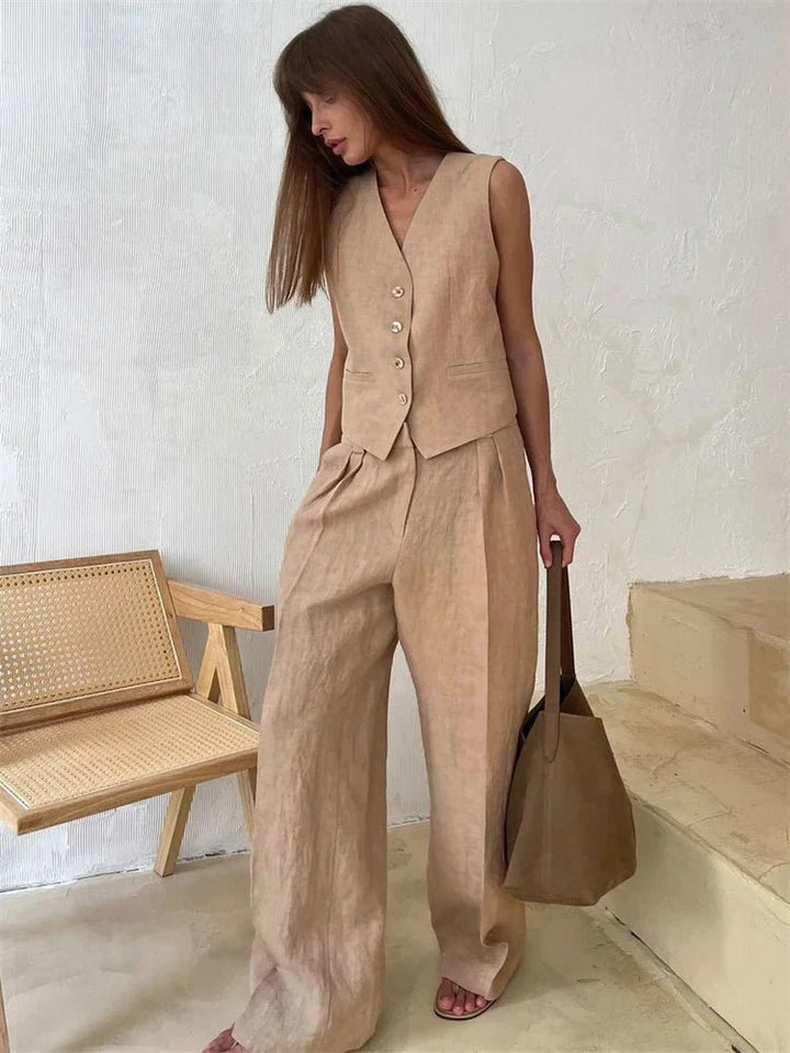 Women's Linen Blend Sleeveless Buttoned Vest Wide-Leg Pants Two-Piece Set