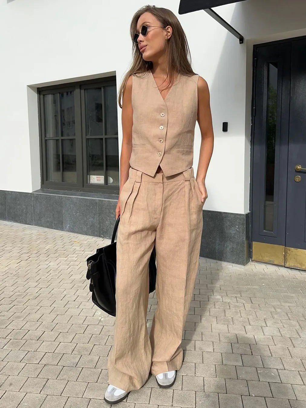 Women's Linen Blend Sleeveless Buttoned Vest Wide-Leg Pants Two-Piece Set