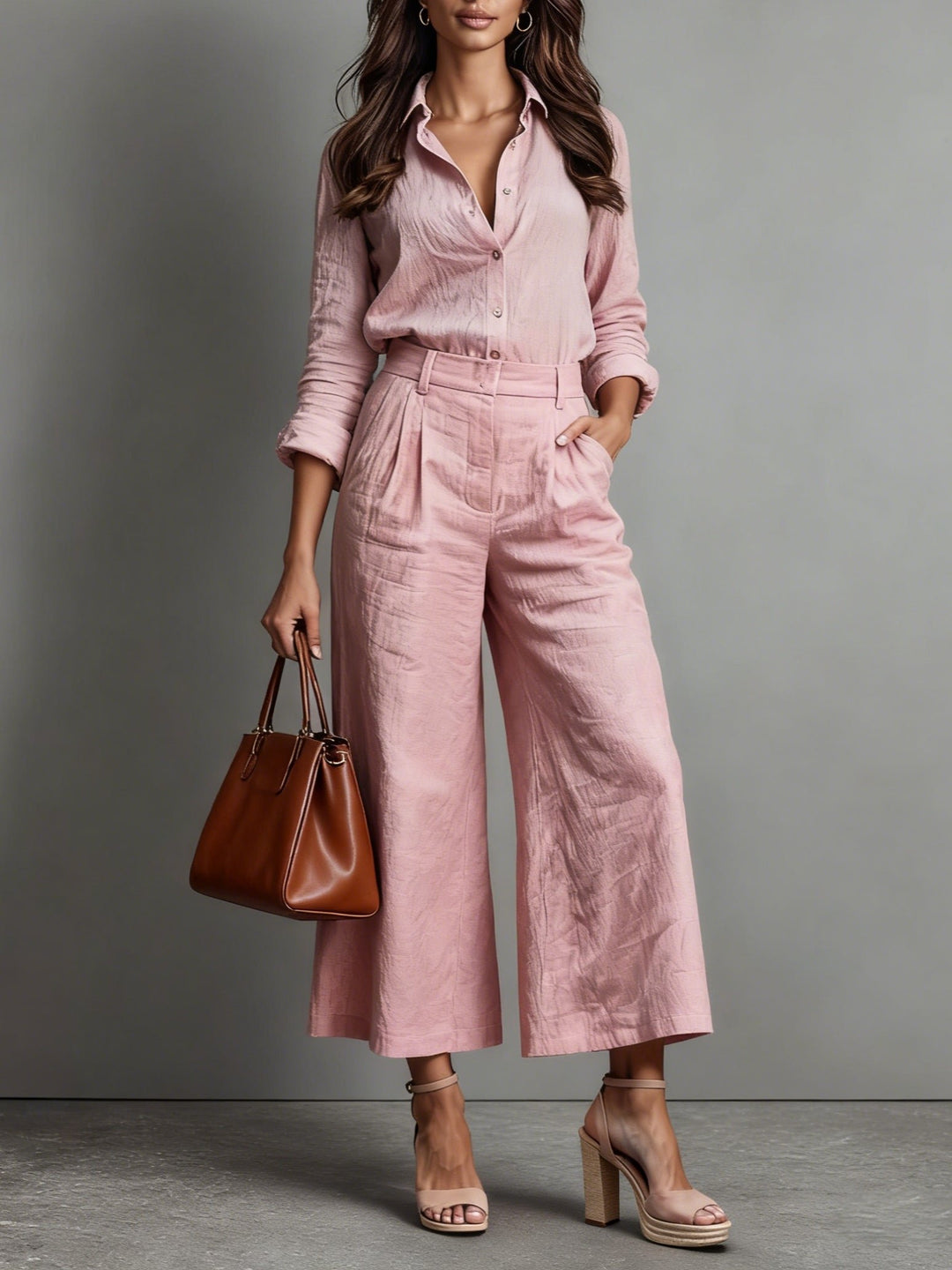 Women's Linen Button-Down High-Waist Wide-Leg Pants Co-Ord Set - Pink