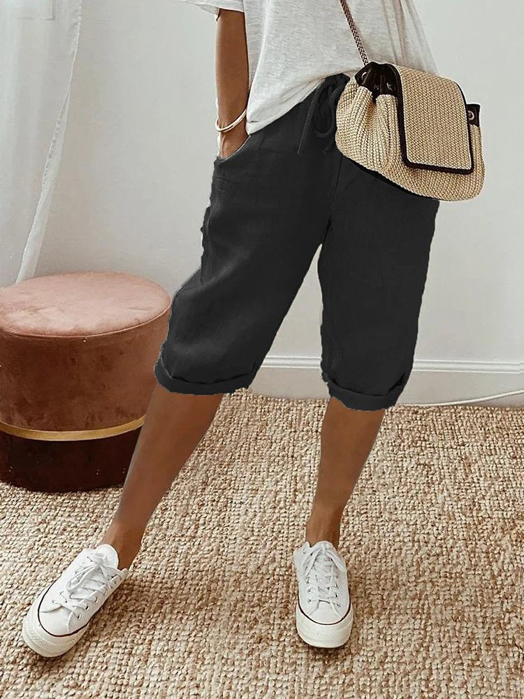Women's Linen Drawstring Cropped Bermuda Shorts Relaxed Fit - Black