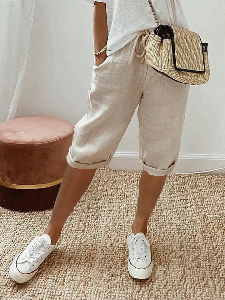 Women's Linen Drawstring Cropped Bermuda Shorts Relaxed Fit - Beige