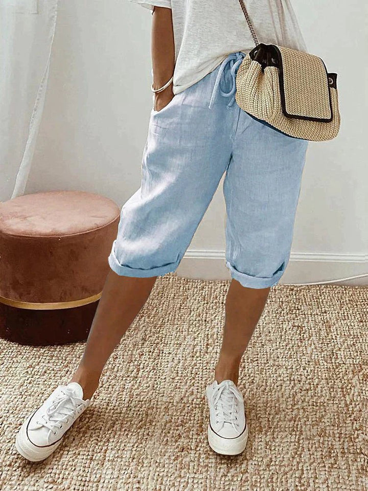 Women's Linen Drawstring Cropped Bermuda Shorts Relaxed Fit - Light Blue