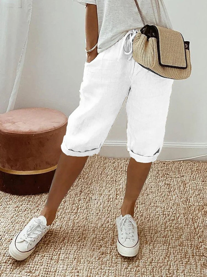 Women's Linen Drawstring Cropped Bermuda Shorts Relaxed Fit - White