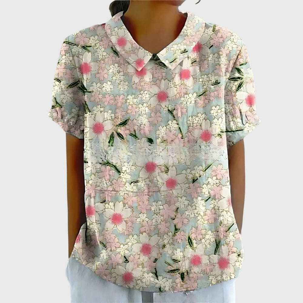 Women's Linen Floral Print Short Sleeve Peter Pan Collar Blouse - White 2