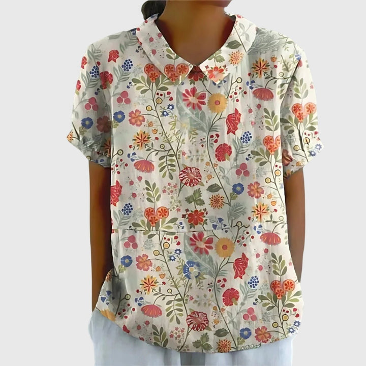 Women's Linen Floral Print Short Sleeve Peter Pan Collar Blouse - White 6