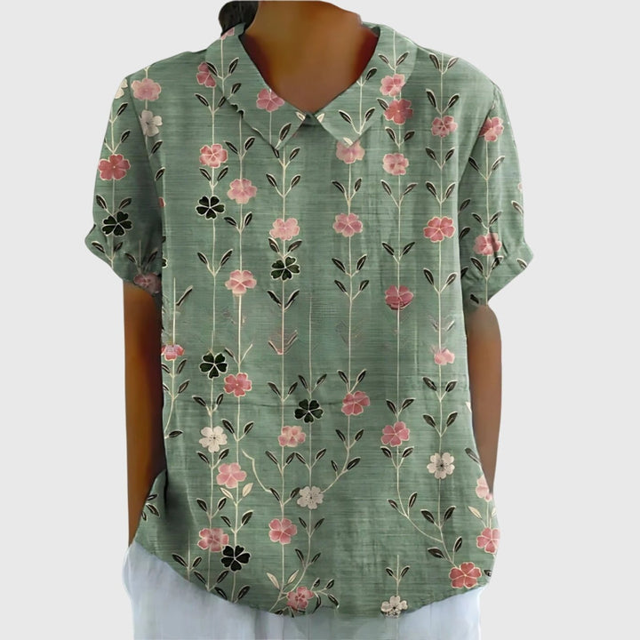 Women's Linen Floral Print Short Sleeve Peter Pan Collar Blouse - Sage Green