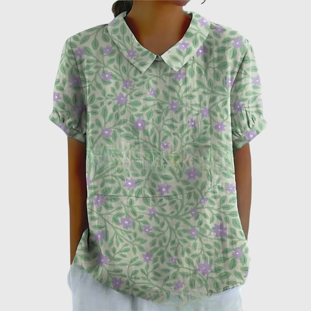 Women's Linen Floral Print Short Sleeve Peter Pan Collar Blouse - Sage Green 2