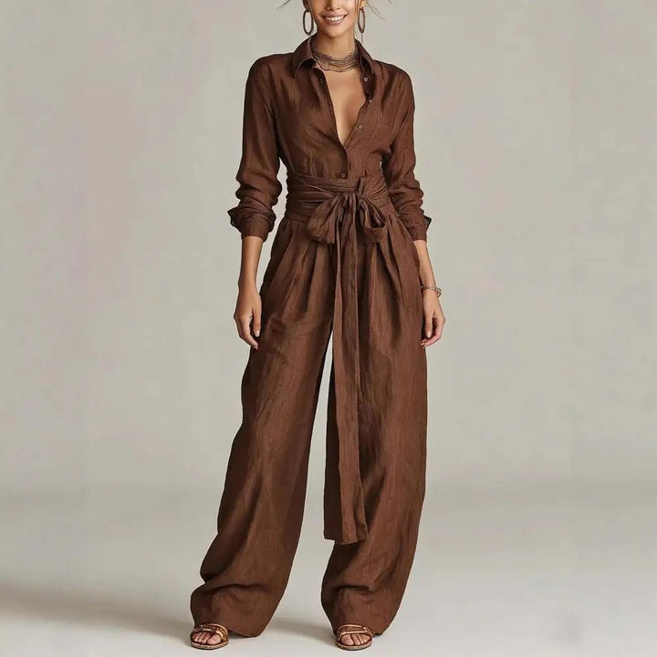 Women's Linen High-Rise Wide-Leg Pants Shirt Co-Ord Set - Coffee