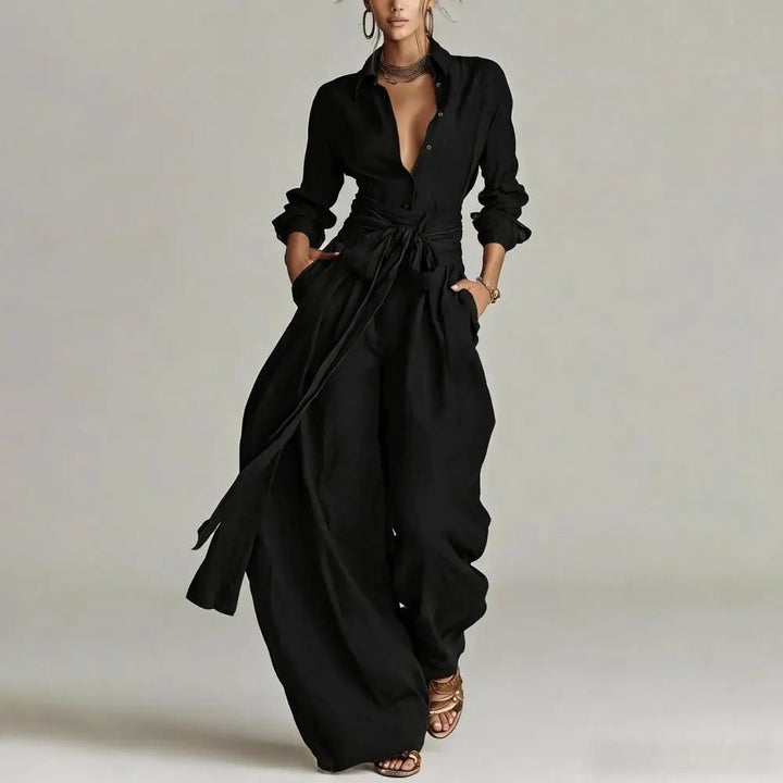 Women's Linen High-Rise Wide-Leg Pants Shirt Co-Ord Set - Black