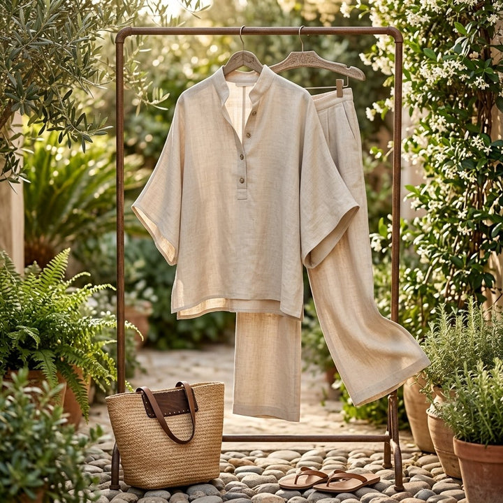 Women's Linen Kimono-Sleeve Mandarin Collar Top Wide-Leg Pants Set
