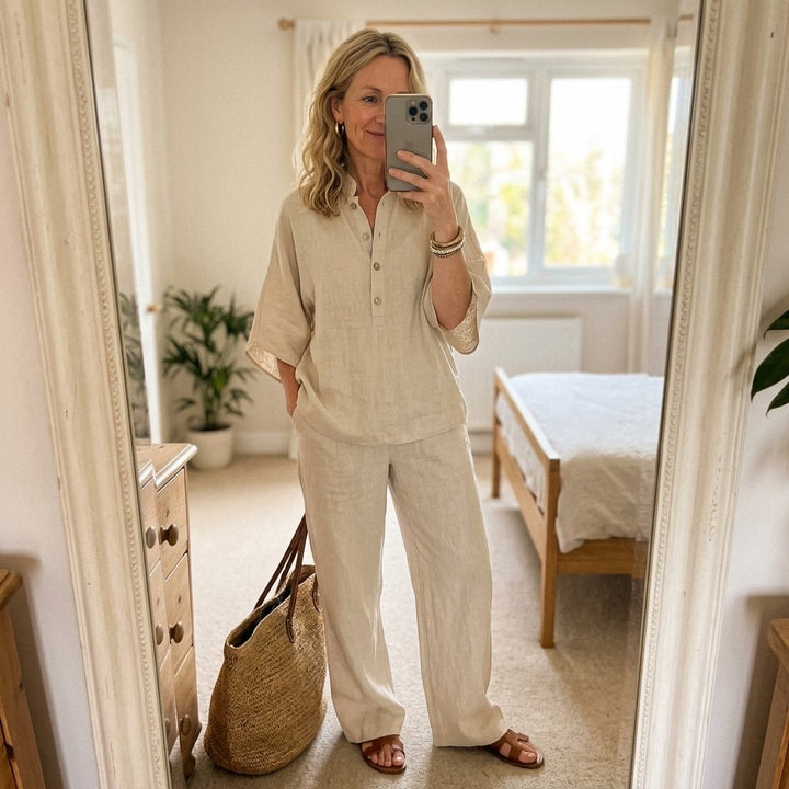 Women's Linen Kimono-Sleeve Mandarin Collar Top Wide-Leg Pants Set