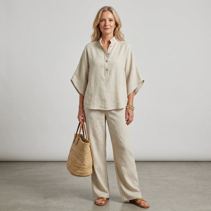Women's Linen Kimono-Sleeve Mandarin Collar Top Wide-Leg Pants Set