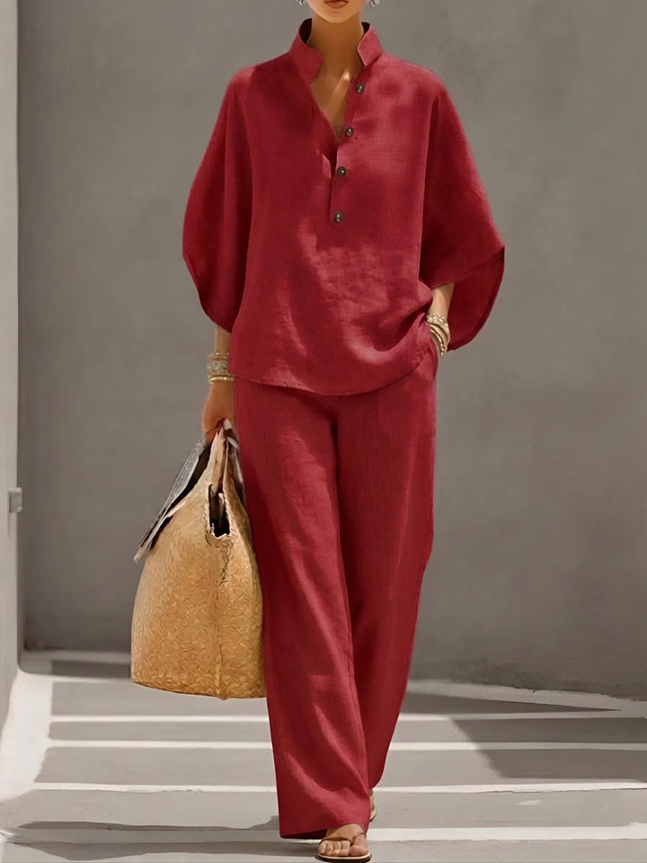 Women's Linen Kimono-Sleeve Mandarin Collar Top Wide-Leg Pants Set - Red