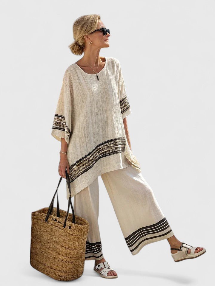 Women's Linen-Mix Oversized Two-Piece Wide-Leg Pants Co-Ord Set - Zwarte Streep