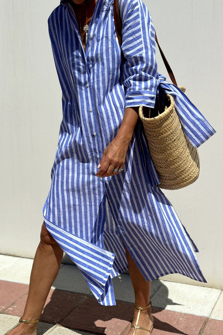 Women's Linen Striped Collared Button-Down Oversized Midi Dress - Blue