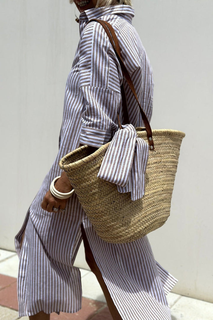 Women's Linen Striped Collared Button-Down Oversized Midi Dress