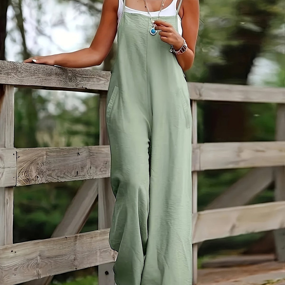 Women's Linen Wide Leg Pants Sleeveless Jumpsuit Overalls - Light Green