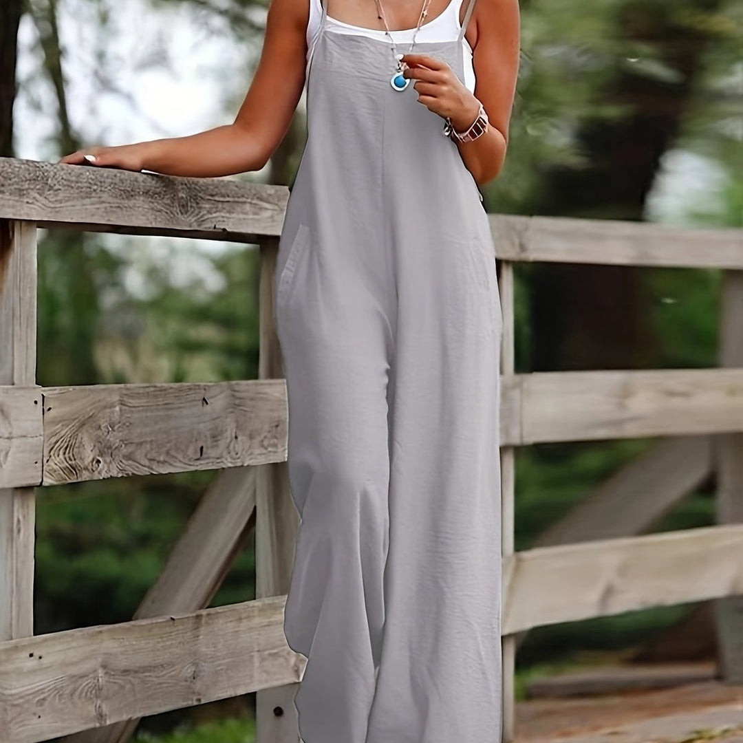 Women's Linen Wide Leg Pants Sleeveless Jumpsuit Overalls - Silvery Grey