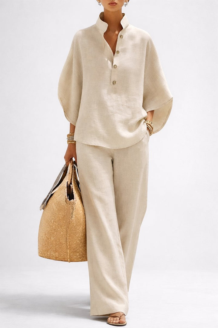 Women's Linen Wide-Leg Stand-Collar 2-Piece Pants Set