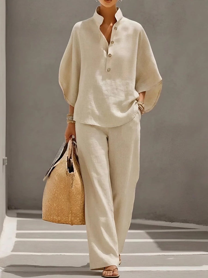 Women's Linen Wide-Leg Stand-Collar 2-Piece Pants Set - Sand
