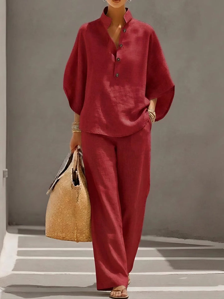 Women's Linen Wide-Leg Stand-Collar 2-Piece Pants Set - Red