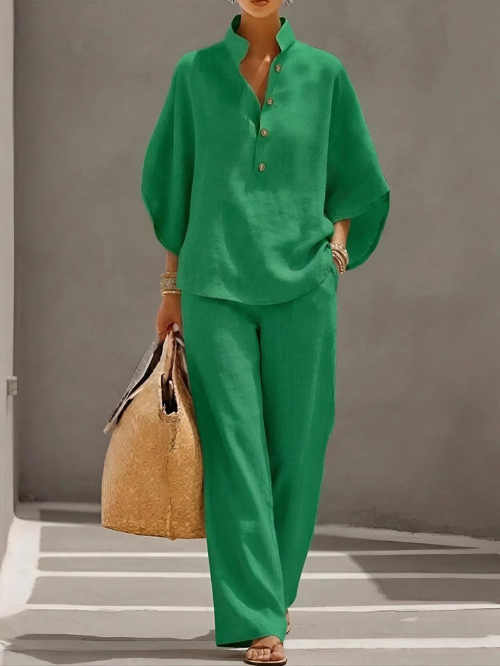 Women's Linen Wide-Leg Stand-Collar 2-Piece Pants Set - Green