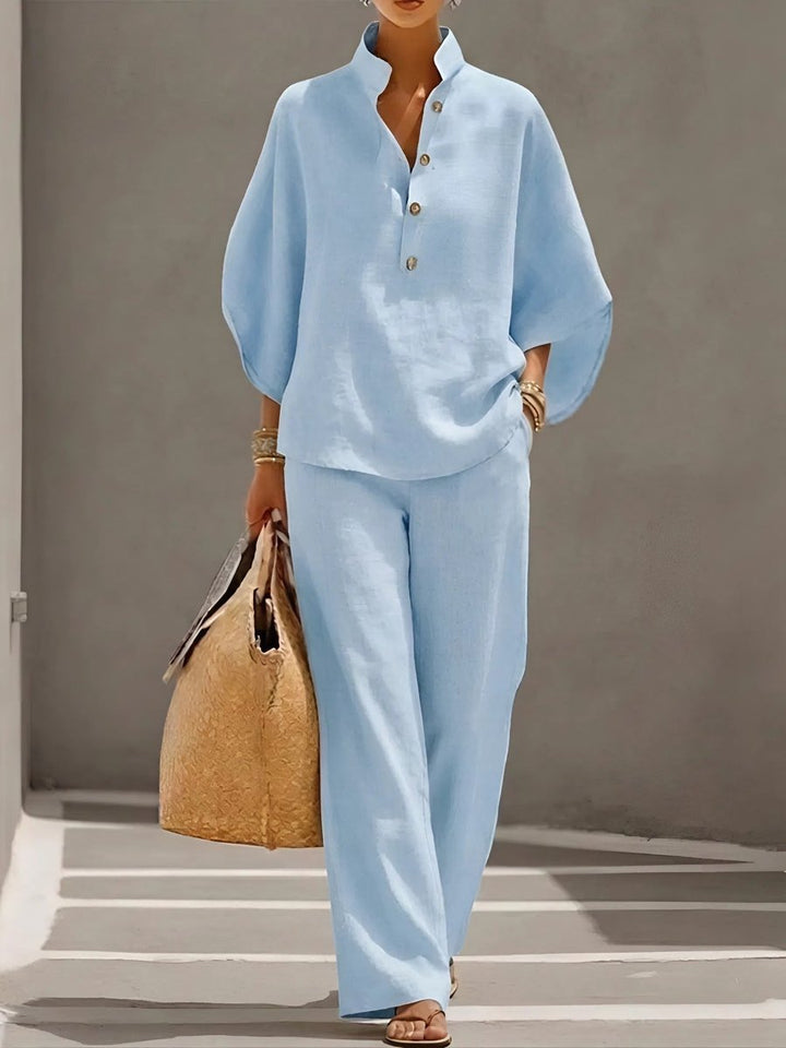 Women's Linen Wide-Leg Stand-Collar 2-Piece Pants Set - Light Blue