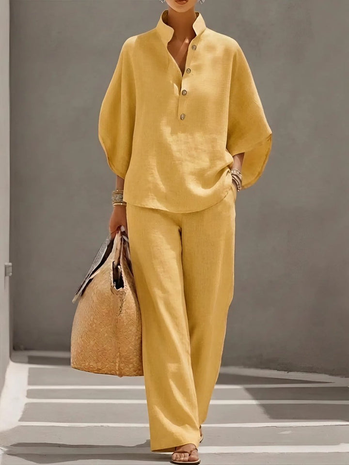 Women's Linen Wide-Leg Stand-Collar 2-Piece Pants Set - Yellow