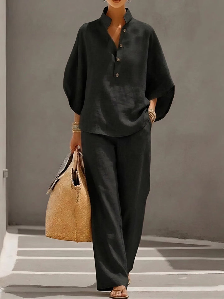 Women's Linen Wide-Leg Stand-Collar 2-Piece Pants Set - Black
